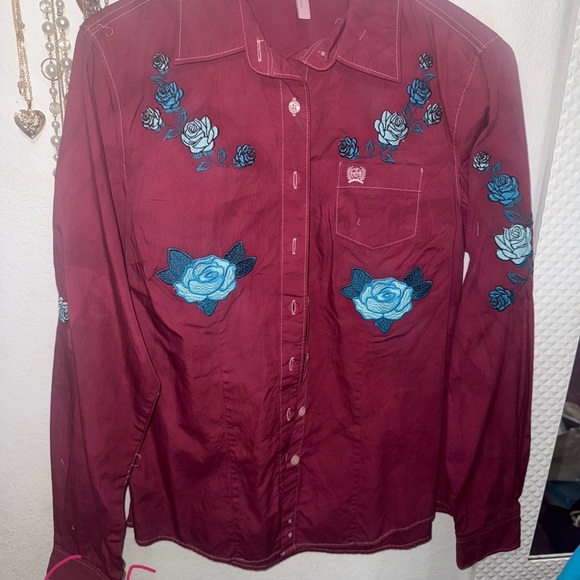 Burgundy Shirt with Blue Floral Embroidery
